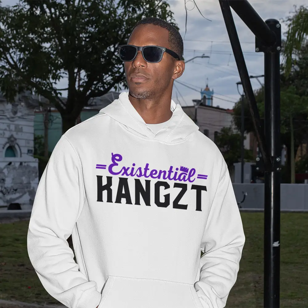 mockup-of-a-fashionable-man-wearing-a-pullover-hoodie-at-a-basketball-court-30460 copy Existential Kangzt – Men’s Hoodie, Purple Font - Image 1